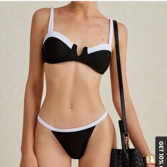 JIMMI SWIM NWT Tuxedo Bikini Set Swim Suit Size L Black White Demi Padded Cheeky - Picture 5 of 16